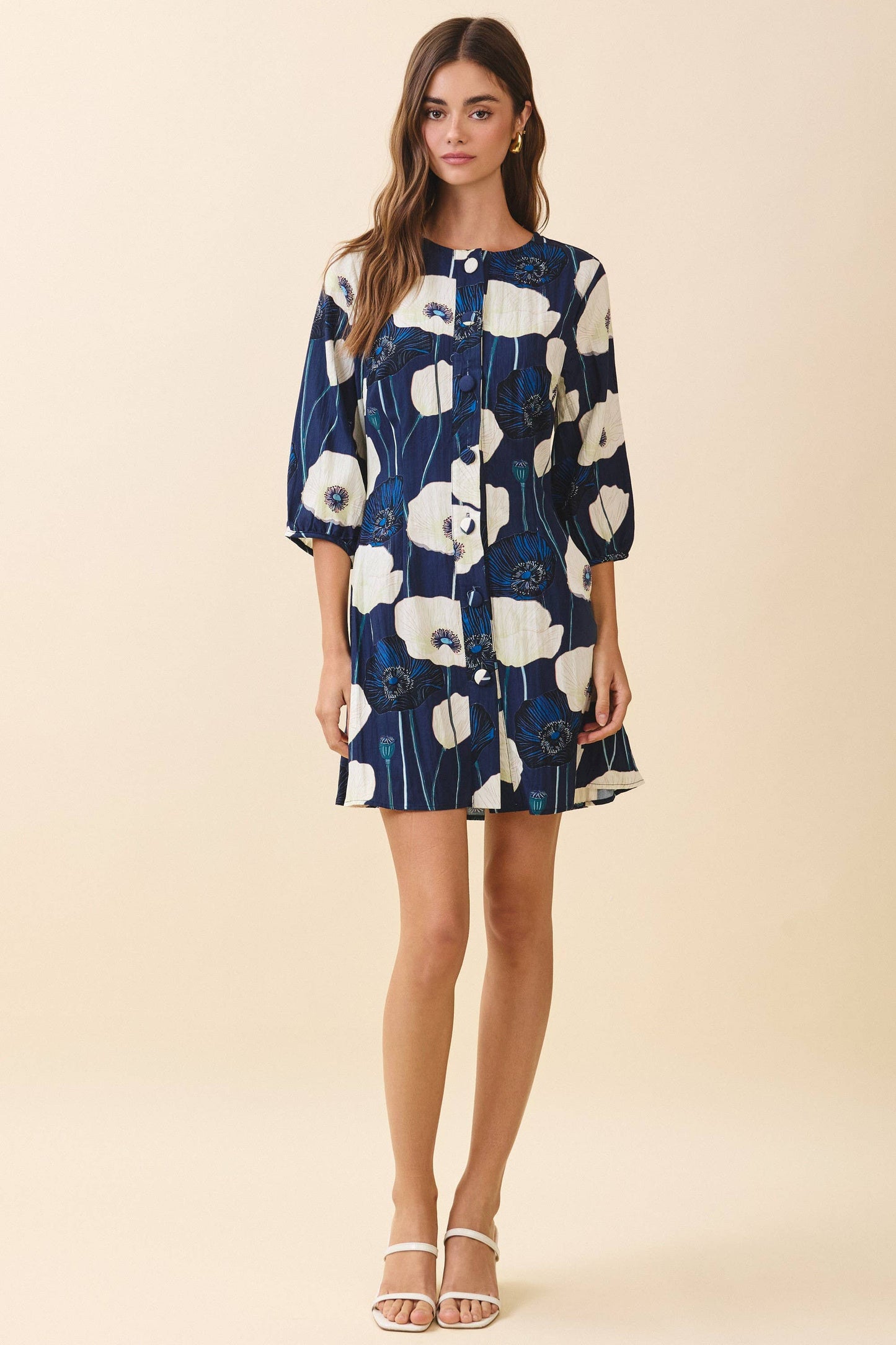 CD06339-Bold Floral Print Button Down Button Front Dress