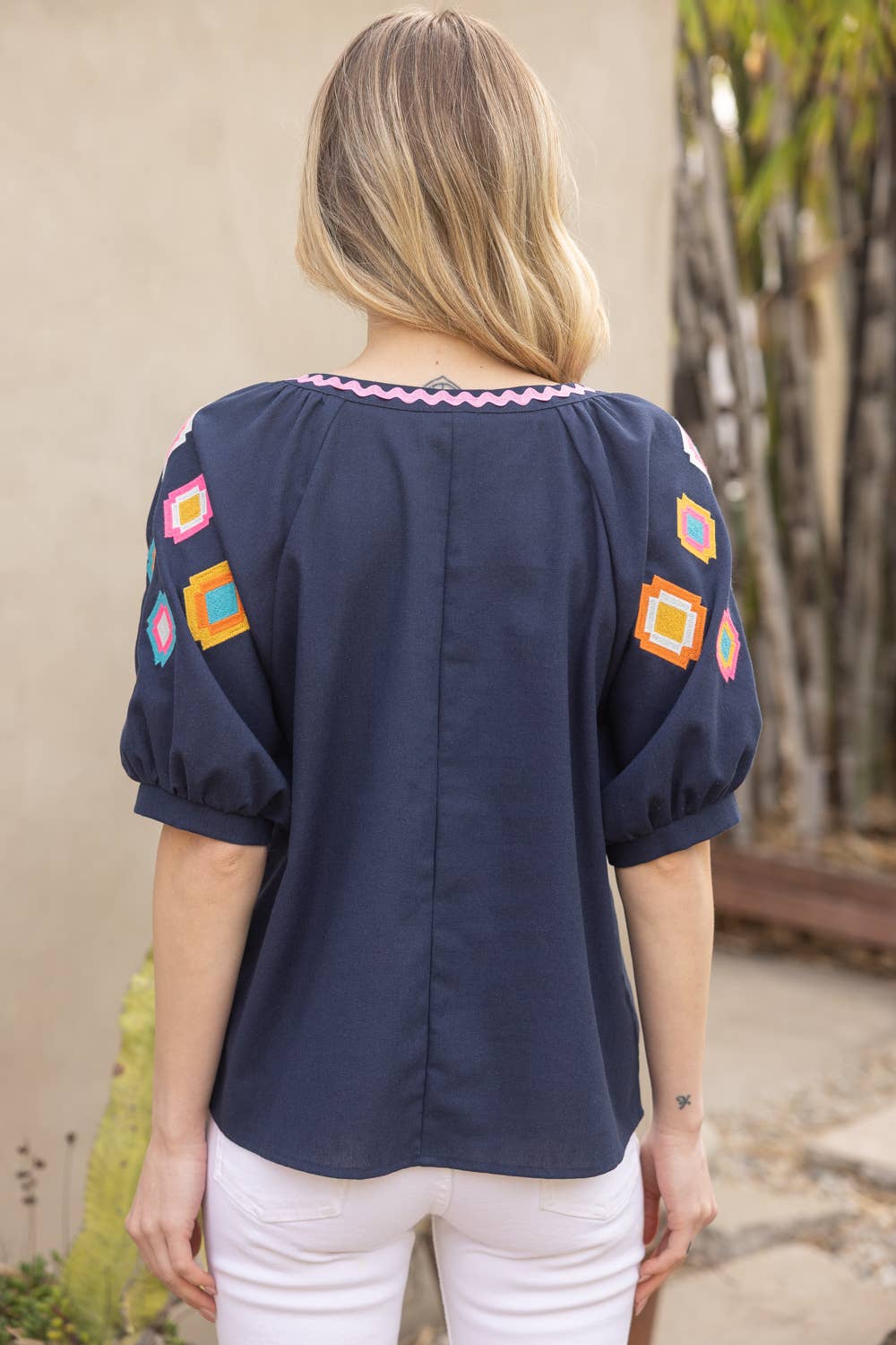 Geometric Embroidered Puff Sleeve with Zig Zag Trim To