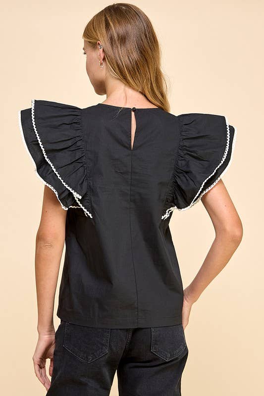 CT9010-Contrast Color Trim Ruffle Sleeve Top