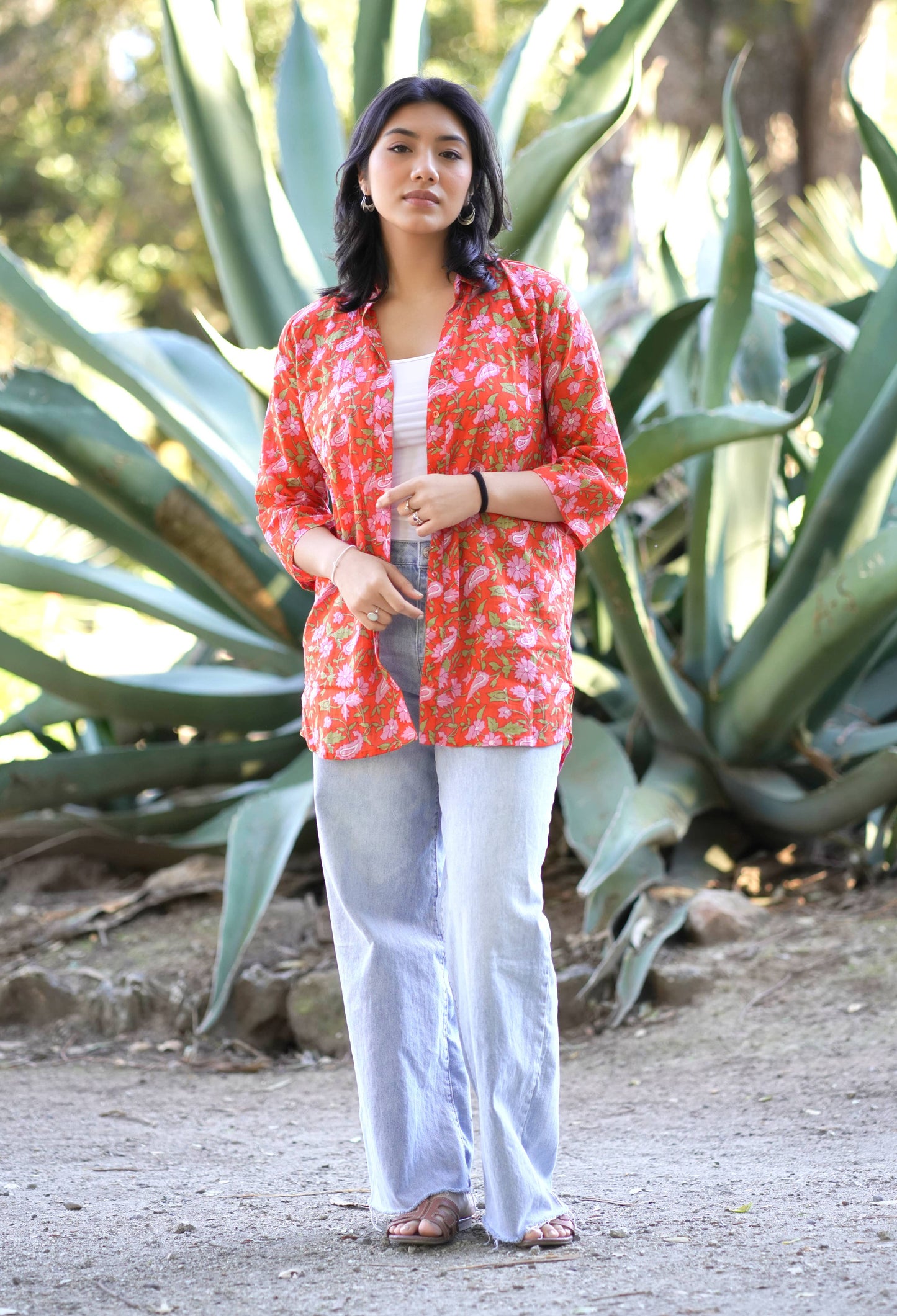 Nina Floral Button Down Shirt Coral
