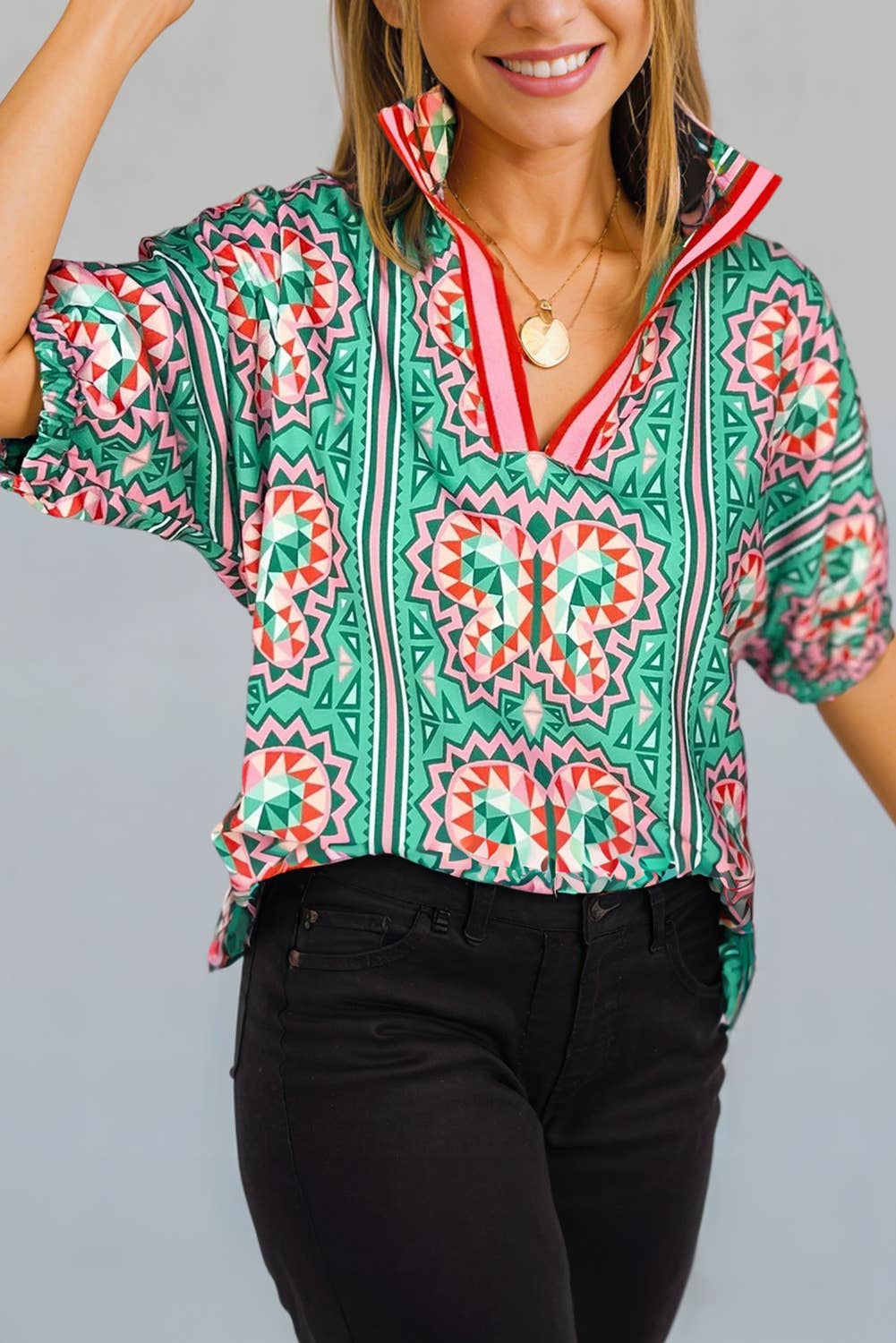 Geometric Butterfly Print Collared Blouse | S-XL