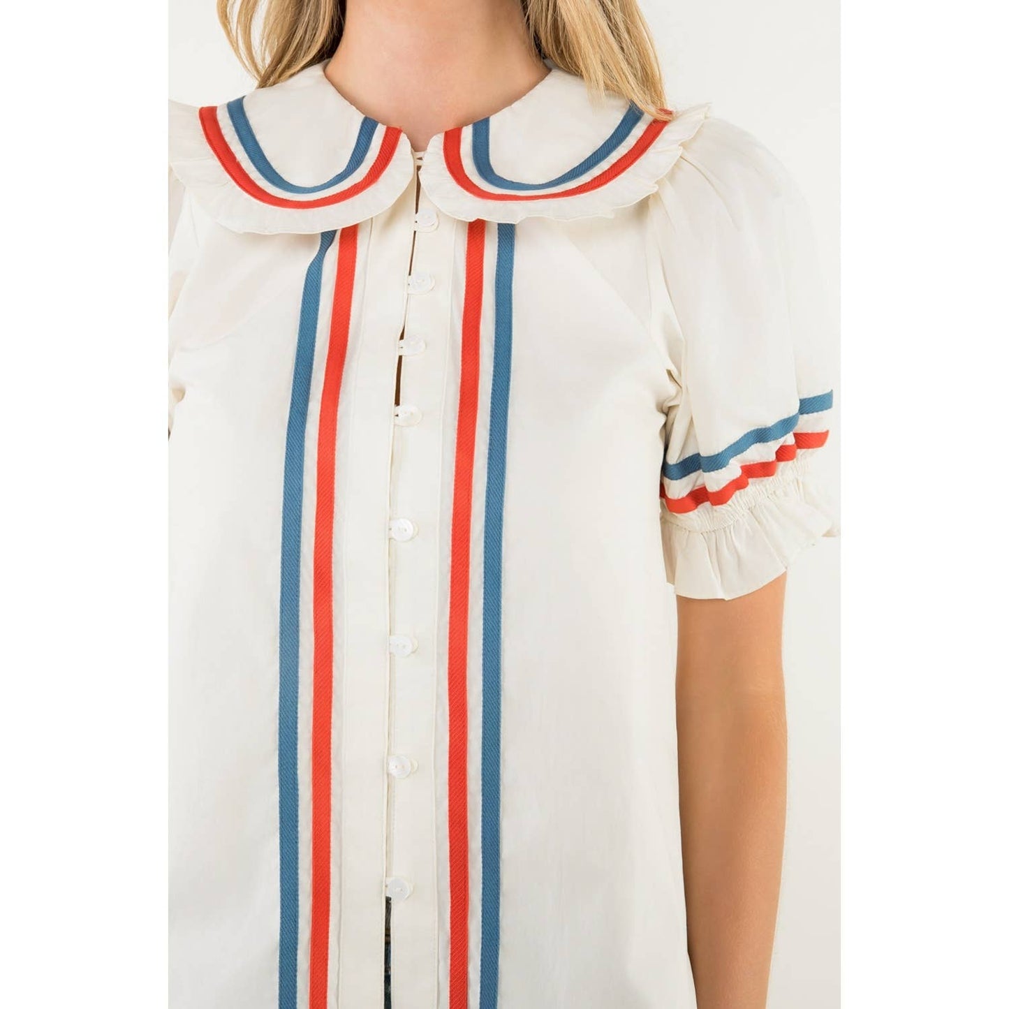 Striped Trim Puff Sleeve Button Top