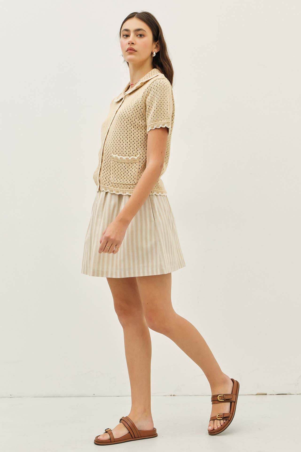 CONTRAST SCALLOP BUTTON-DOWN SWEATER CARDIGAN WITH POCKETS