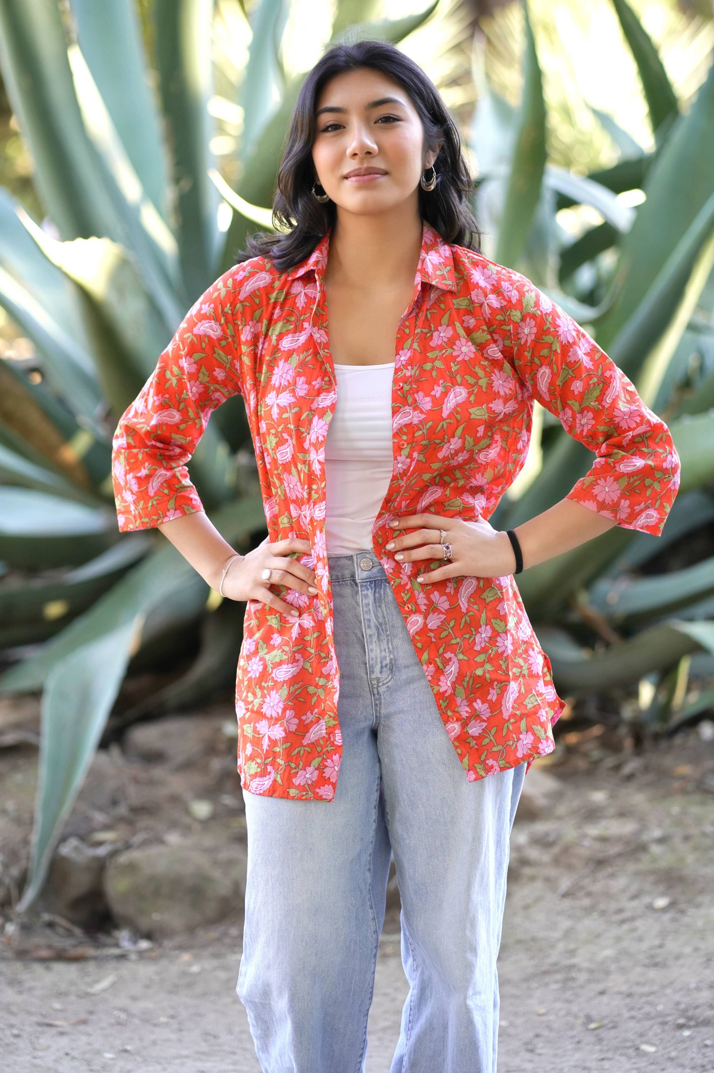 Nina Floral Button Down Shirt Coral