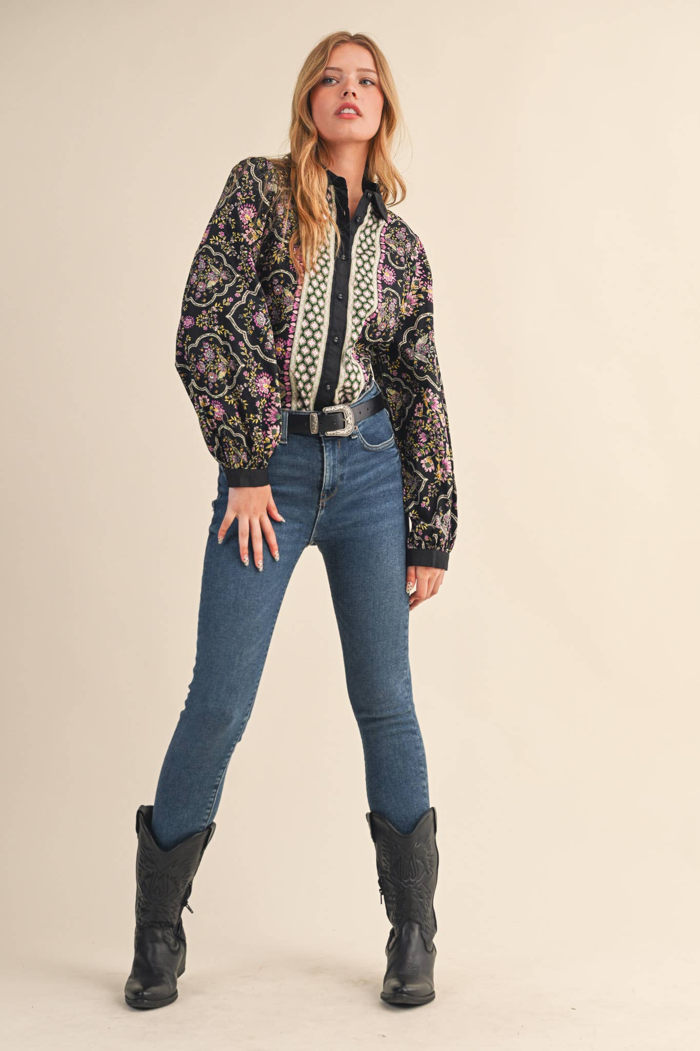 EXCLUSIVE FLORAL BORDER PRINT BUTTON UP TOP MTP4126
