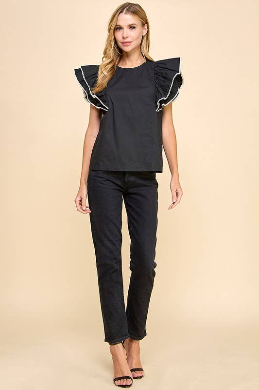 CT9010-Contrast Color Trim Ruffle Sleeve Top