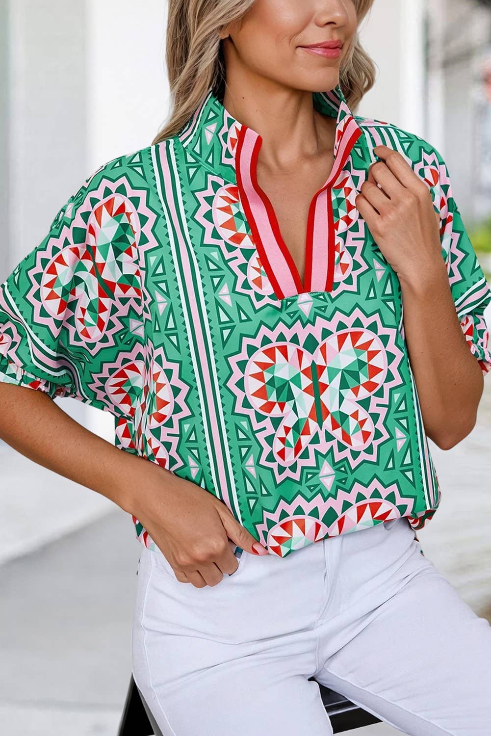 Geometric Butterfly Print Collared Blouse | S-XL