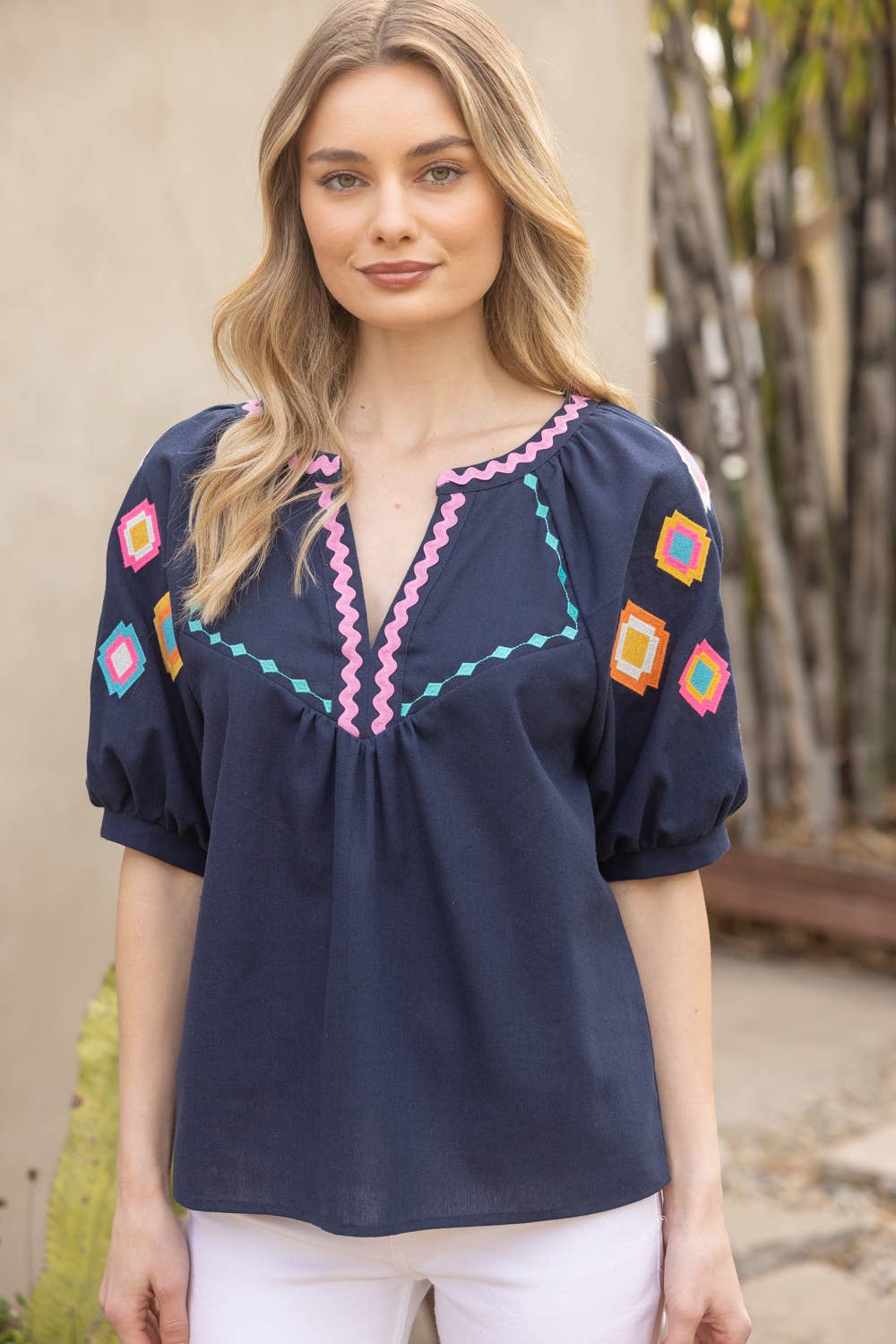 Geometric Embroidered Puff Sleeve with Zig Zag Trim To