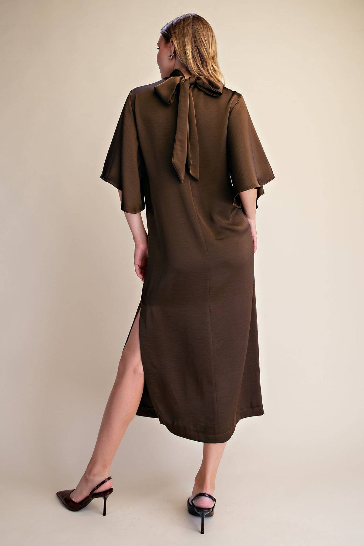 Flowy Satin Tie Back Midi Dress