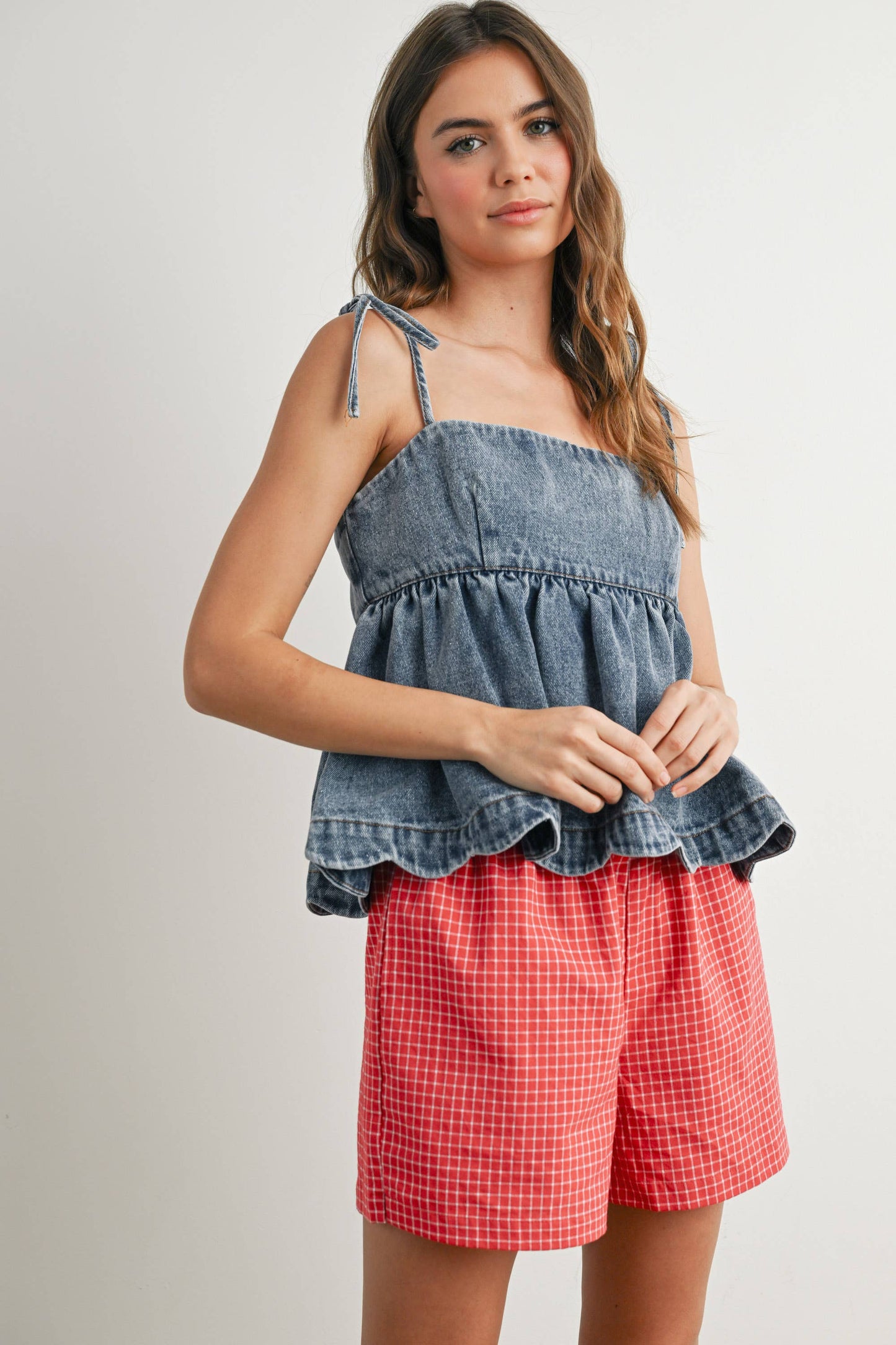 Denim Tie-Strap Peplum Top - BMT7722