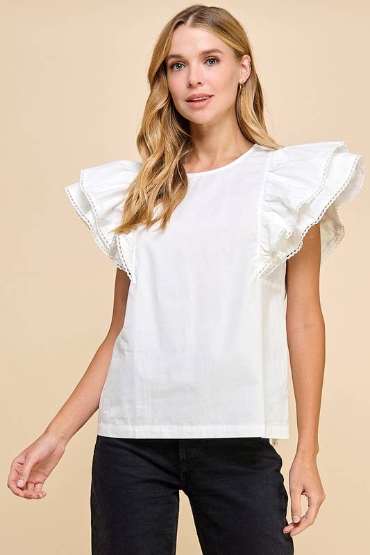 CT9010-Contrast Color Trim Ruffle Sleeve Top