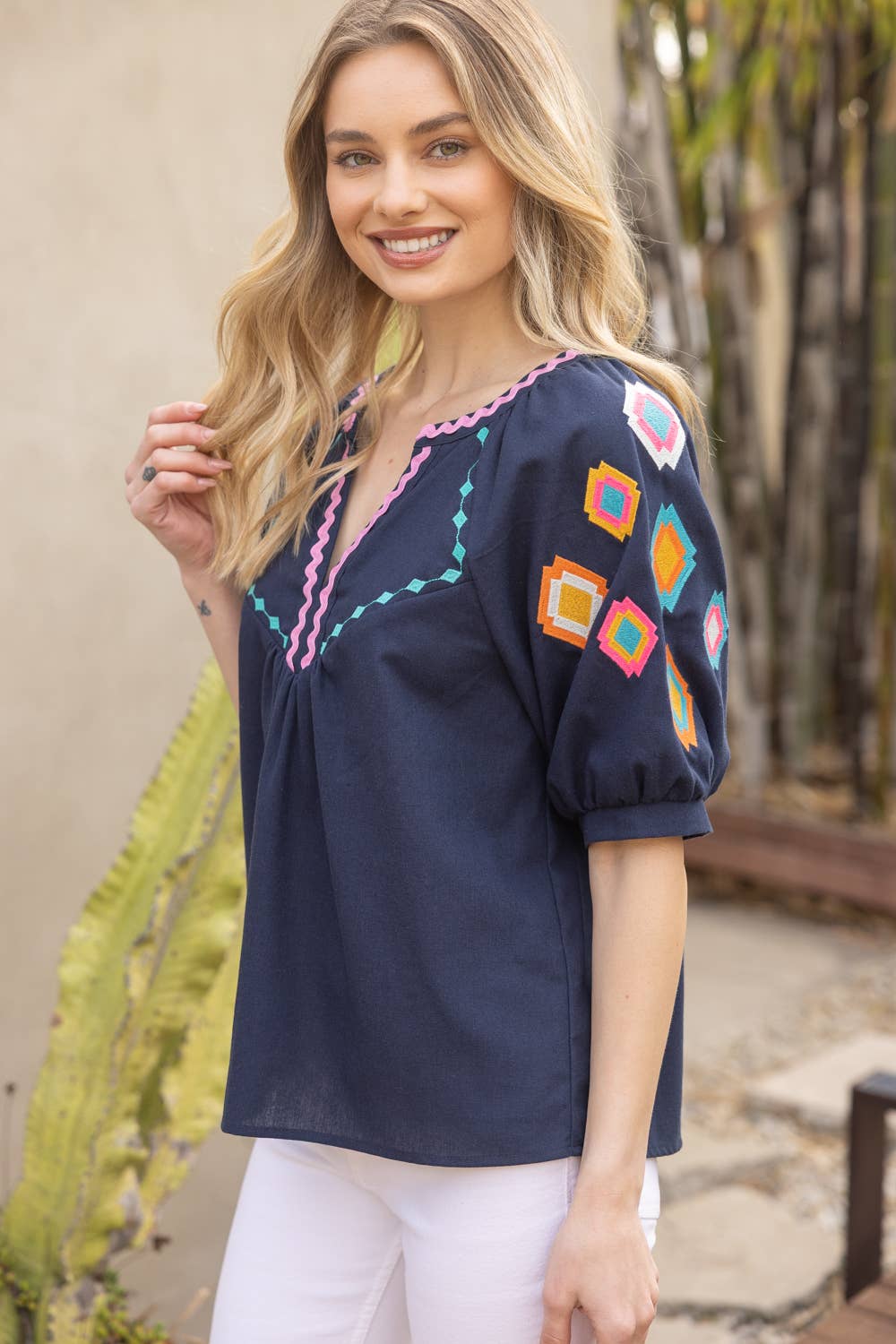 Geometric Embroidered Puff Sleeve with Zig Zag Trim To