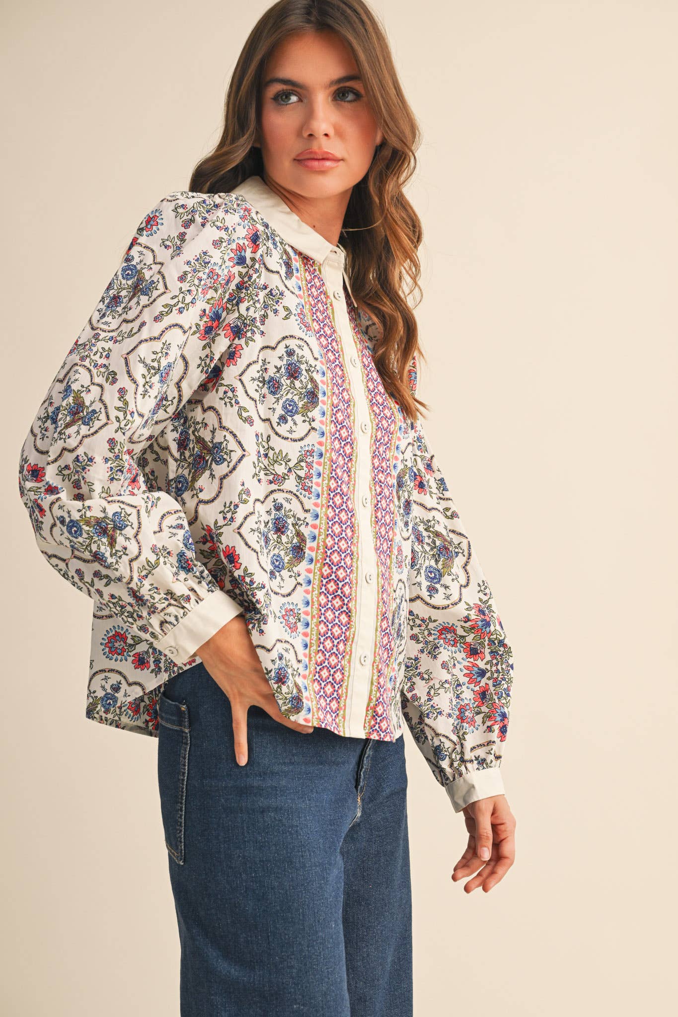 EXCLUSIVE FLORAL BORDER PRINT BUTTON UP TOP MTP4126