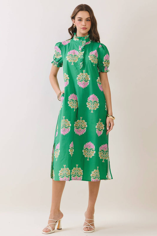 CD06970-Floral Print Ruffle Collar Button Down Midi Dress