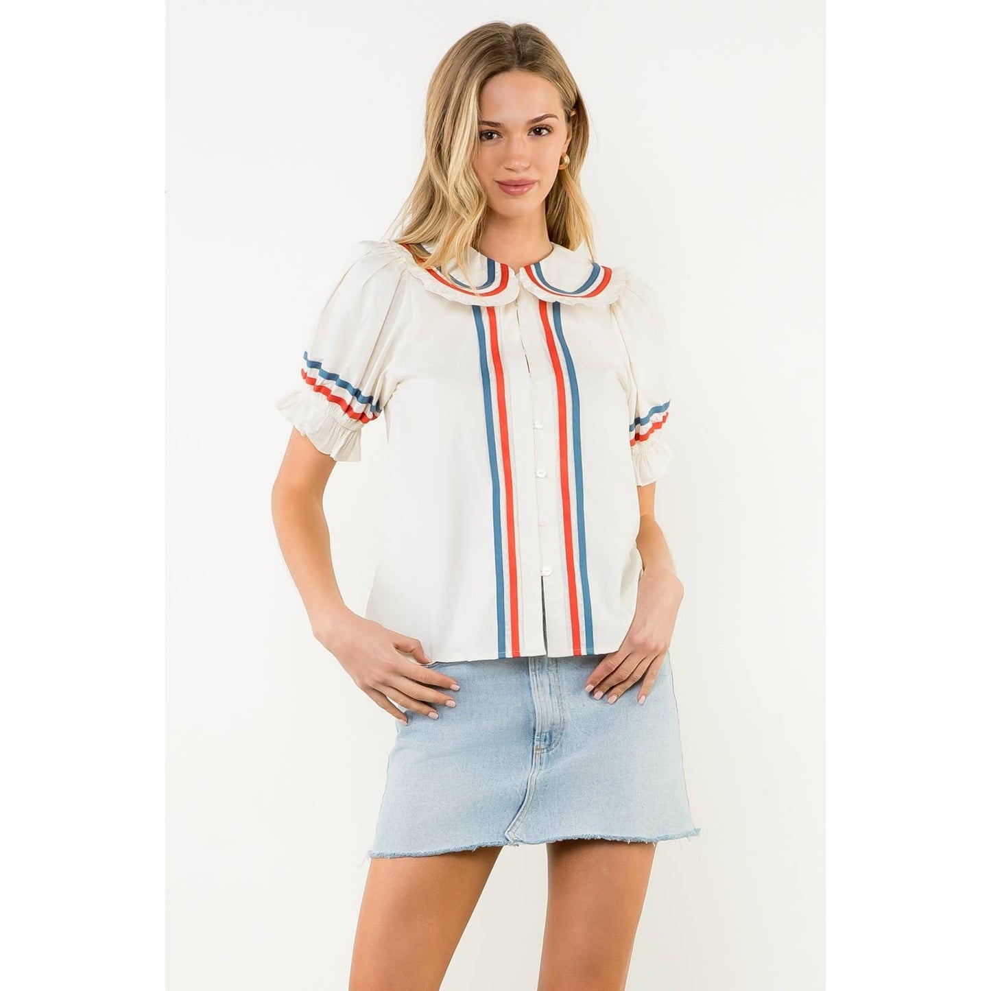 Striped Trim Puff Sleeve Button Top