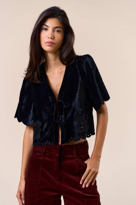 ILT6175-1 Velvet Peplum Top with Tie Front