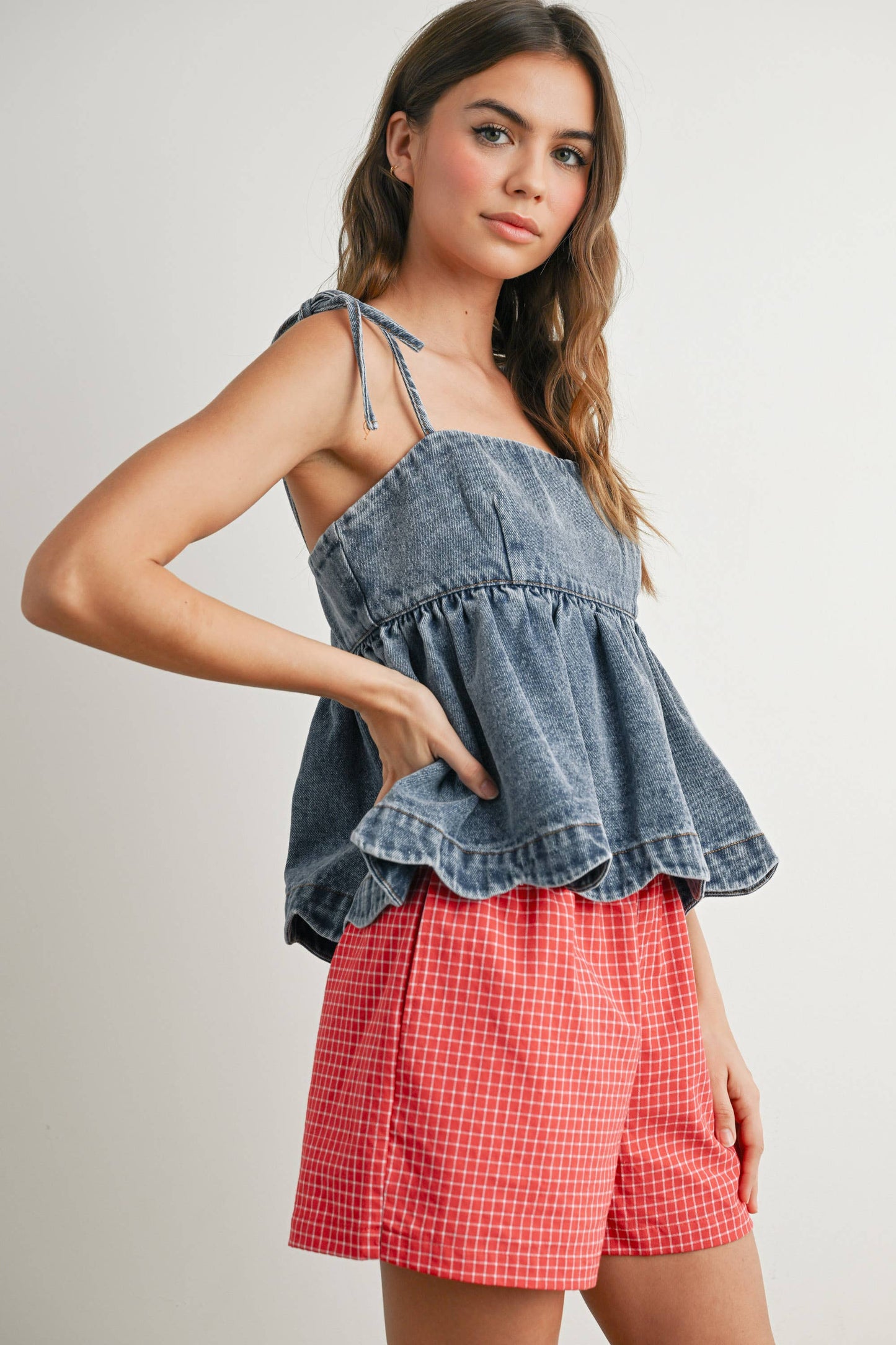 Denim Tie-Strap Peplum Top - BMT7722