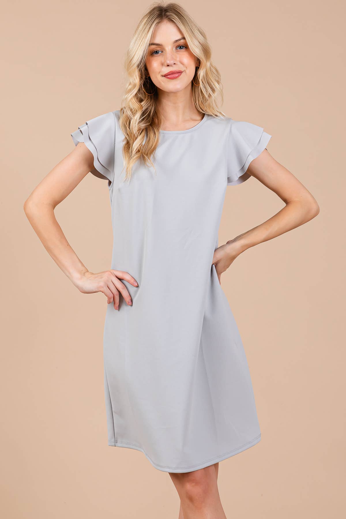 Ruffle Sleeves Solid Tunic Dress / DY3798