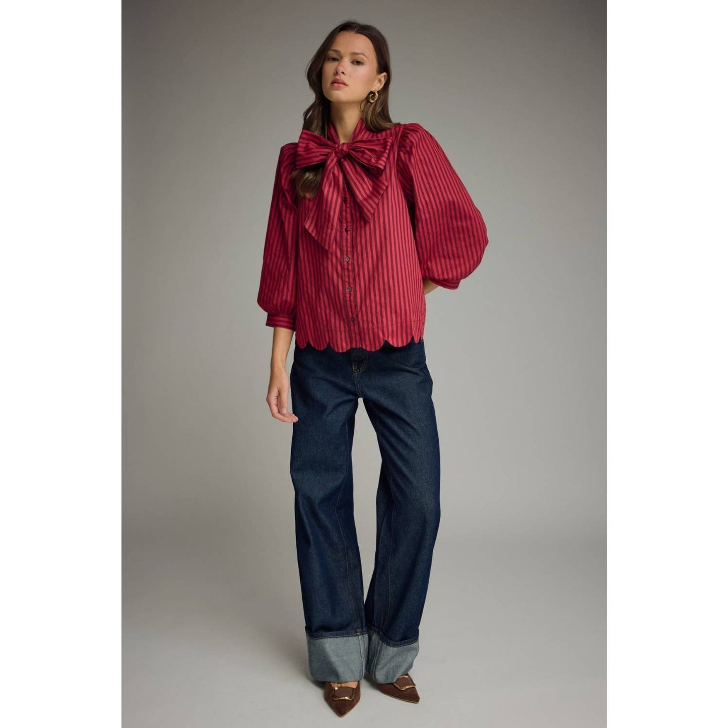 NEW Stripe self-tie neck 3/4 puff sleeve top
