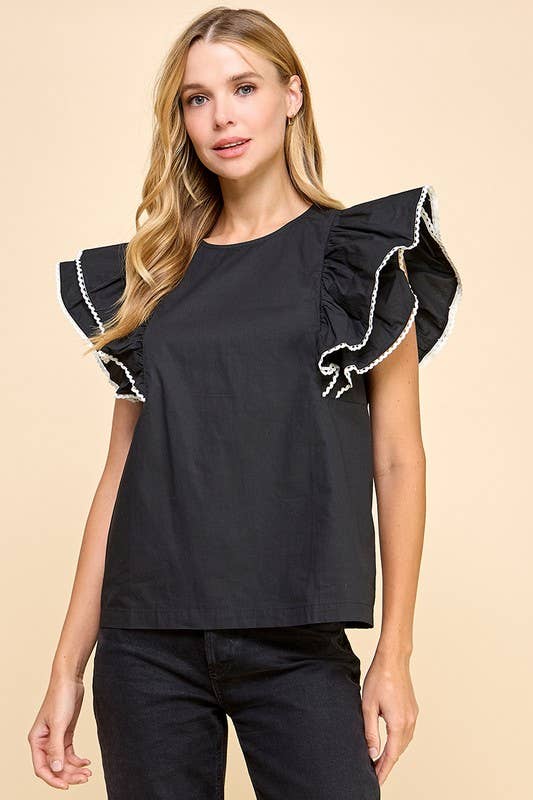 CT9010-Contrast Color Trim Ruffle Sleeve Top