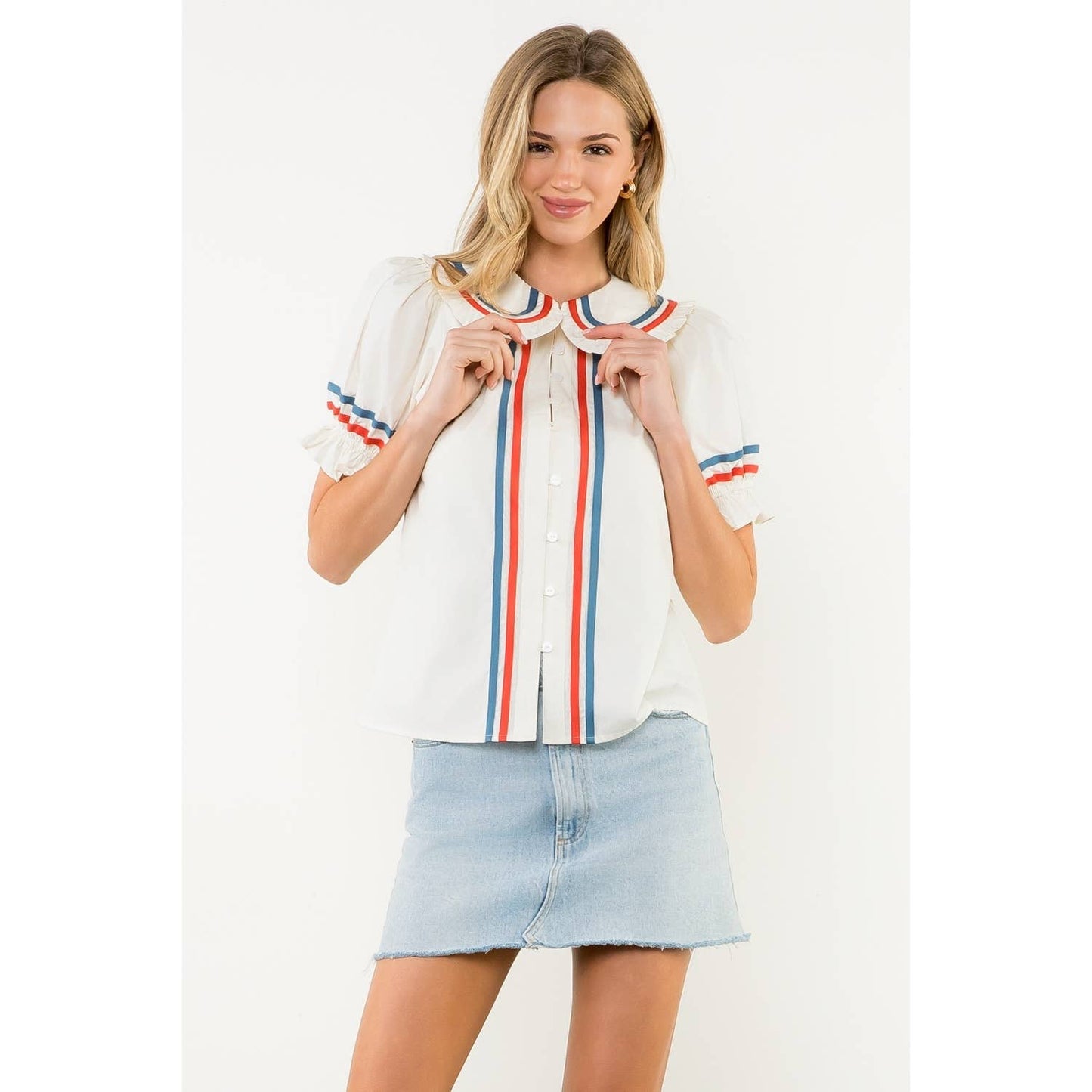 Striped Trim Puff Sleeve Button Top