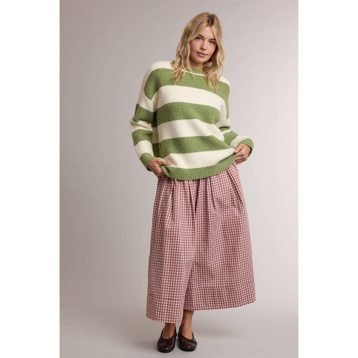 GINGHAM WIDE LEG PULL ON PANTS / WL26-14080