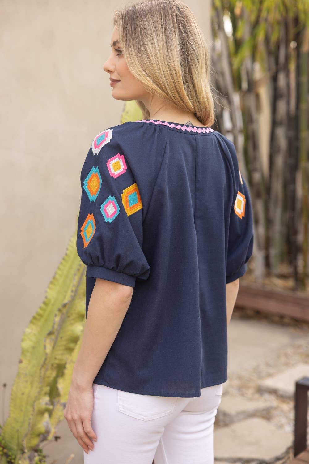 Geometric Embroidered Puff Sleeve with Zig Zag Trim To