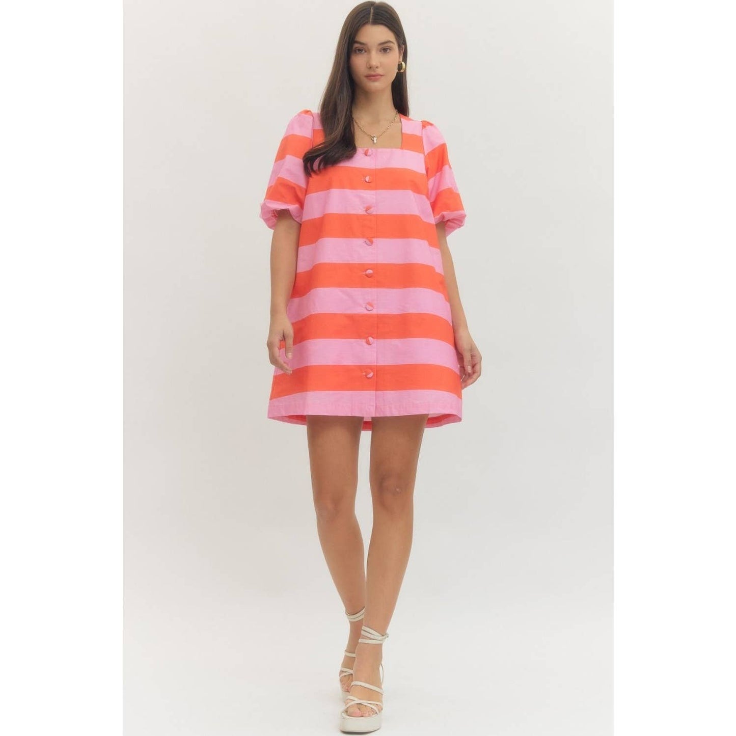 Bold stripe short puff sleeve mini dress