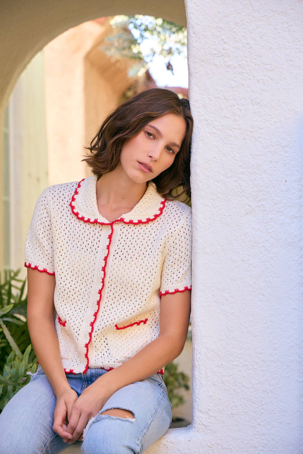 CONTRAST SCALLOP BUTTON-DOWN SWEATER CARDIGAN WITH POCKETS