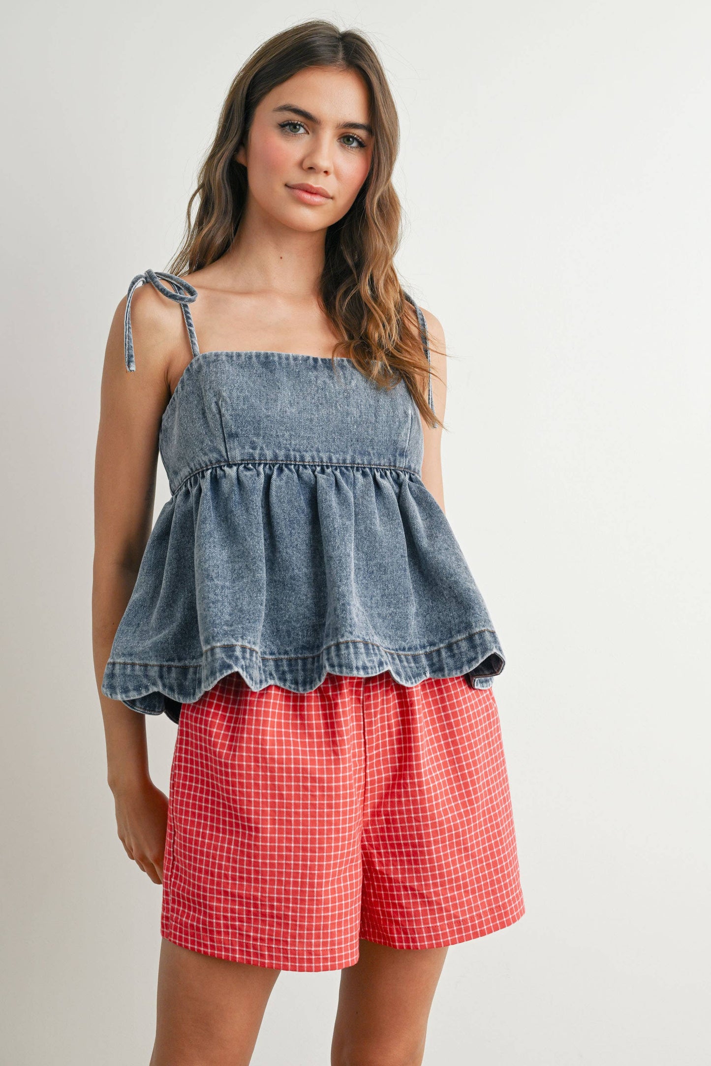 Denim Tie-Strap Peplum Top - BMT7722