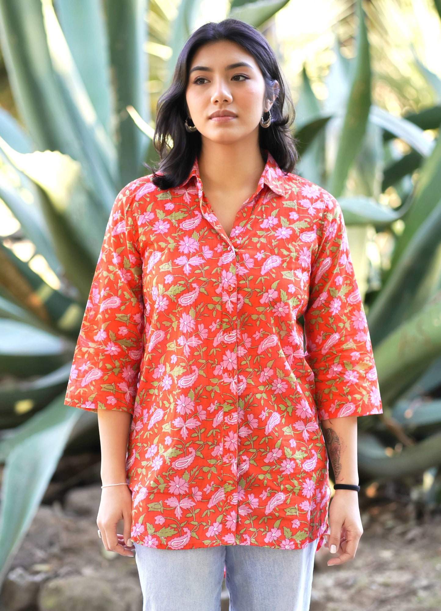 Nina Floral Button Down Shirt Coral