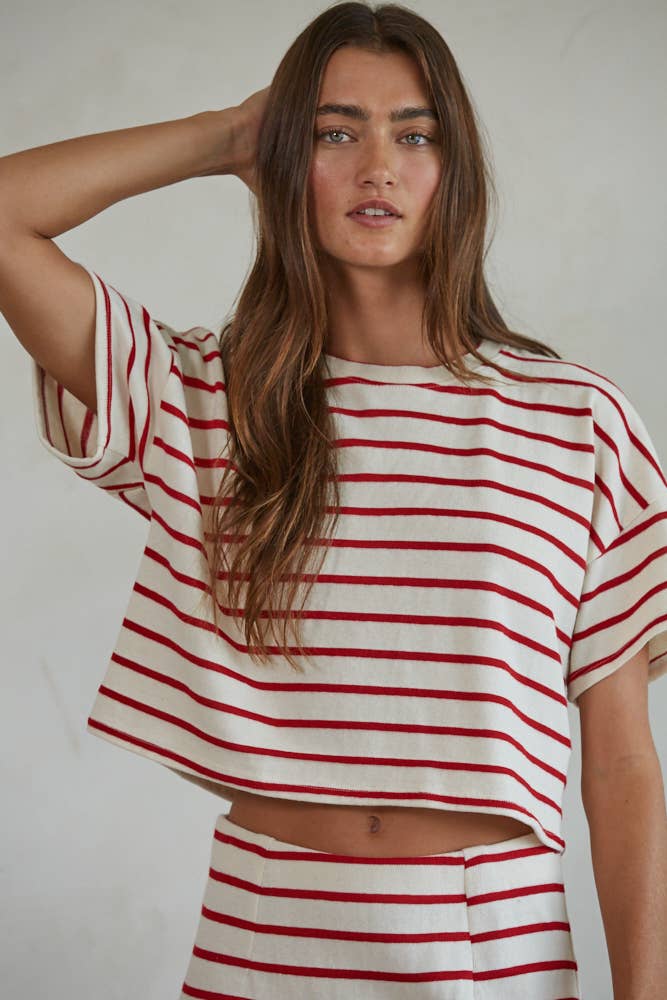 RJ3426 | Knit Cotton Rayon Striped Short Sleeve Pullover Top