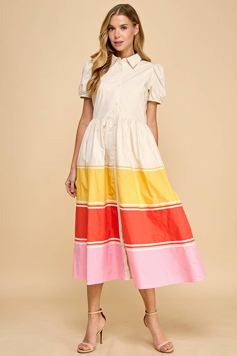 CD05299-Short Puff Sleeves Color Block Hem Button Up Dress