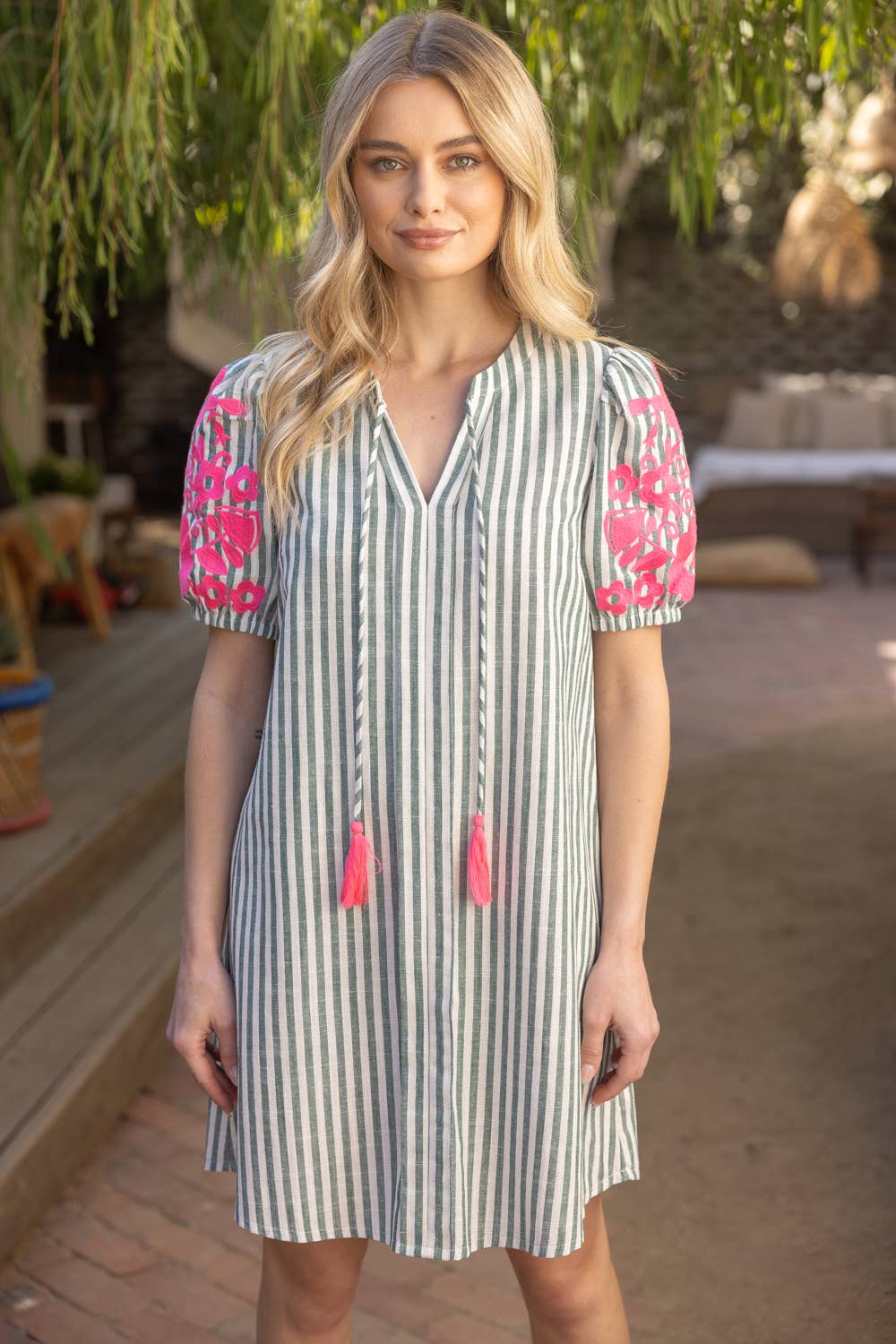 Striped Short Sleeve with Floral Embroidery Dress