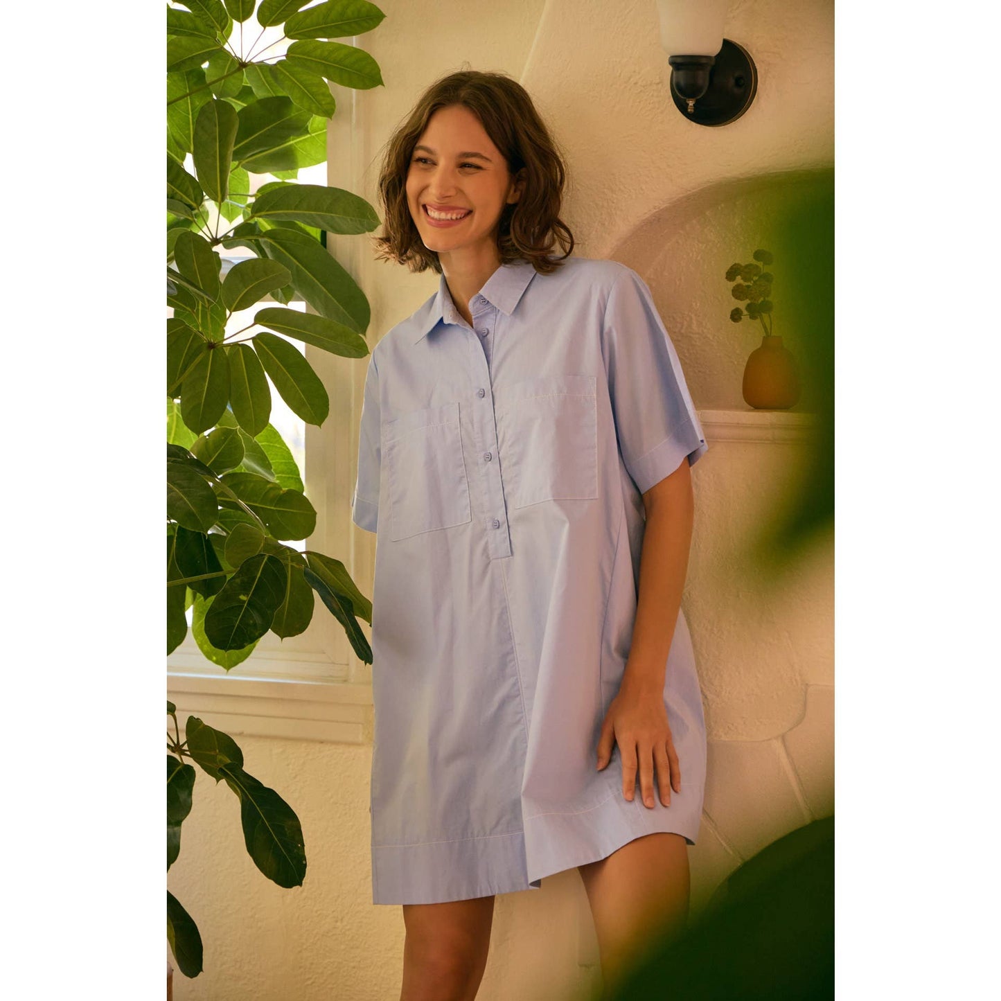 BREATHABLE A-LINE SHIRT DRESS WITH OVERSIZED SLVS