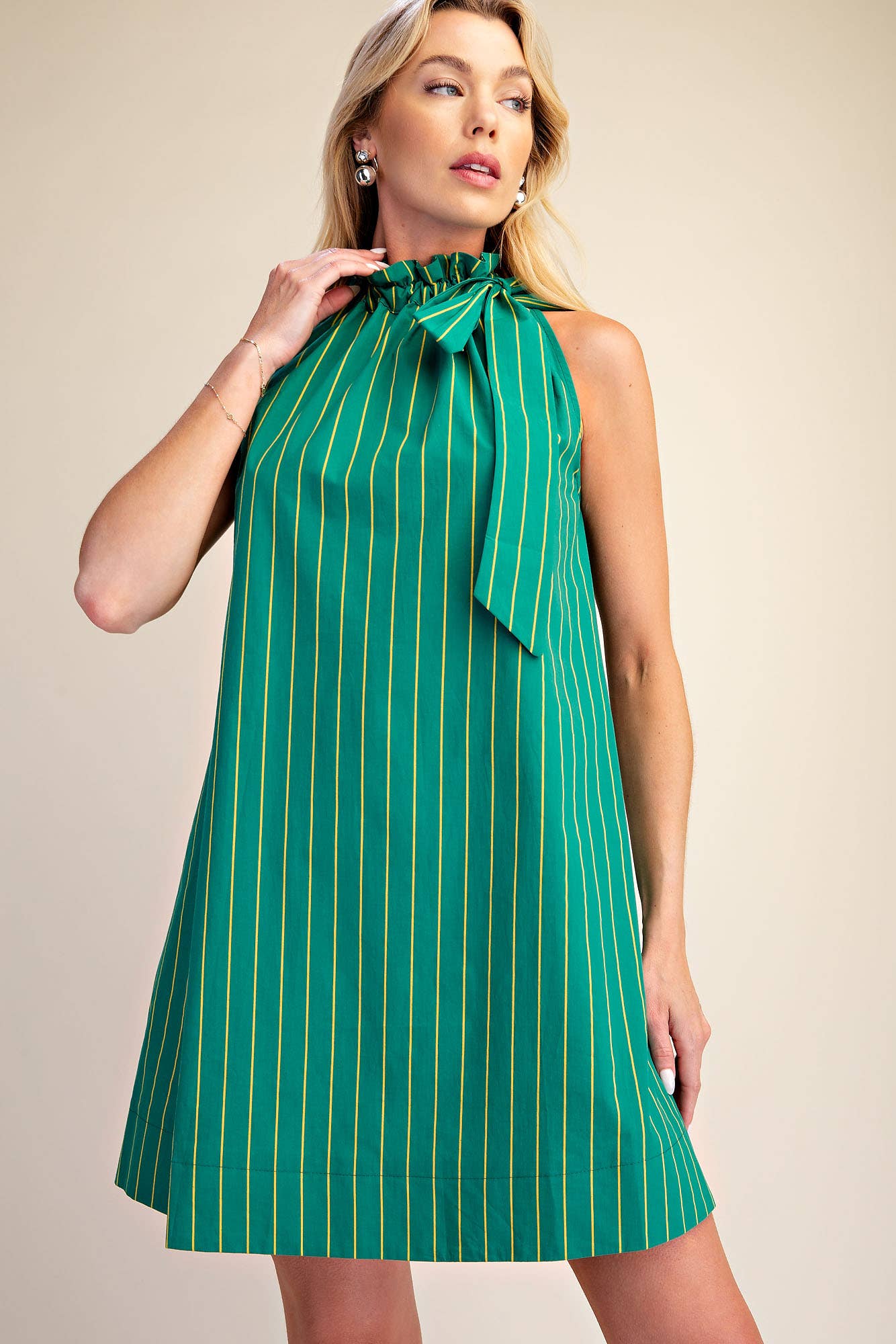 Stripe Mini Dress Ruffle Neck Adjustable Tie Sleeveless