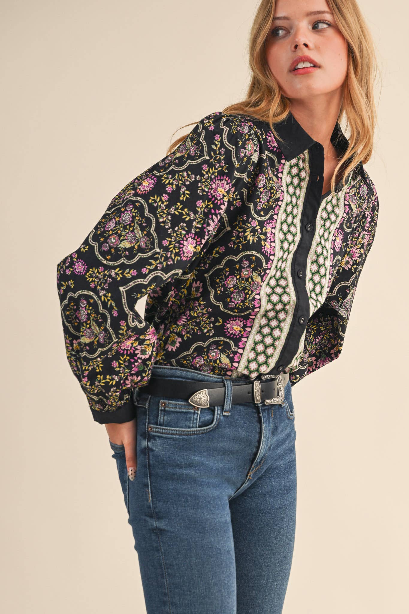 EXCLUSIVE FLORAL BORDER PRINT BUTTON UP TOP MTP4126