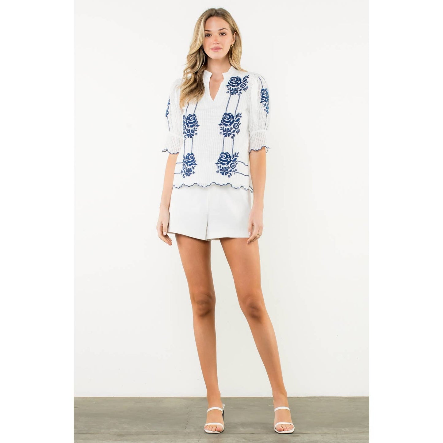 Embroidered Puff Sleeve V-Neck Top