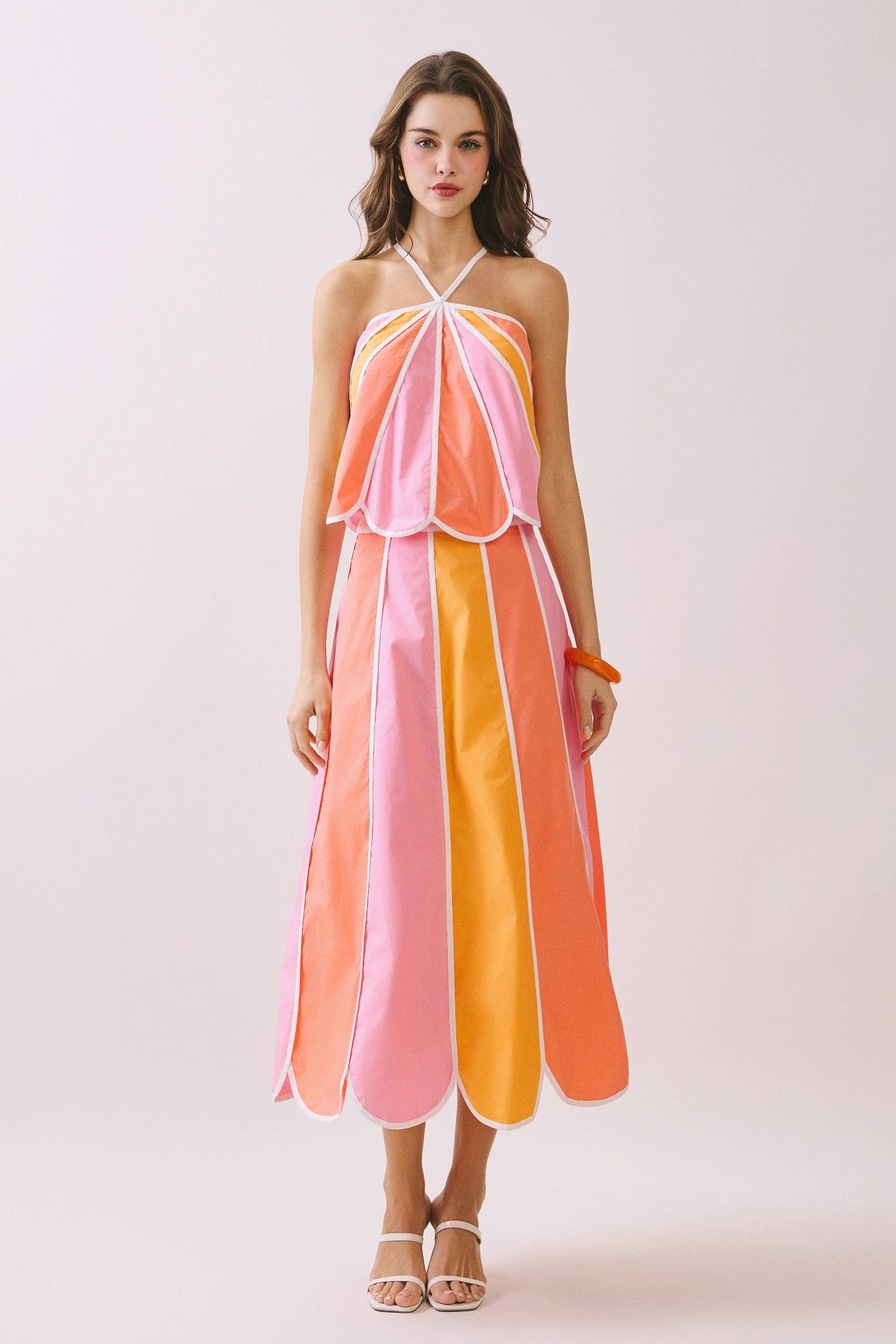 CT9722-Color Block Scalloped Edges Detail Halter Top