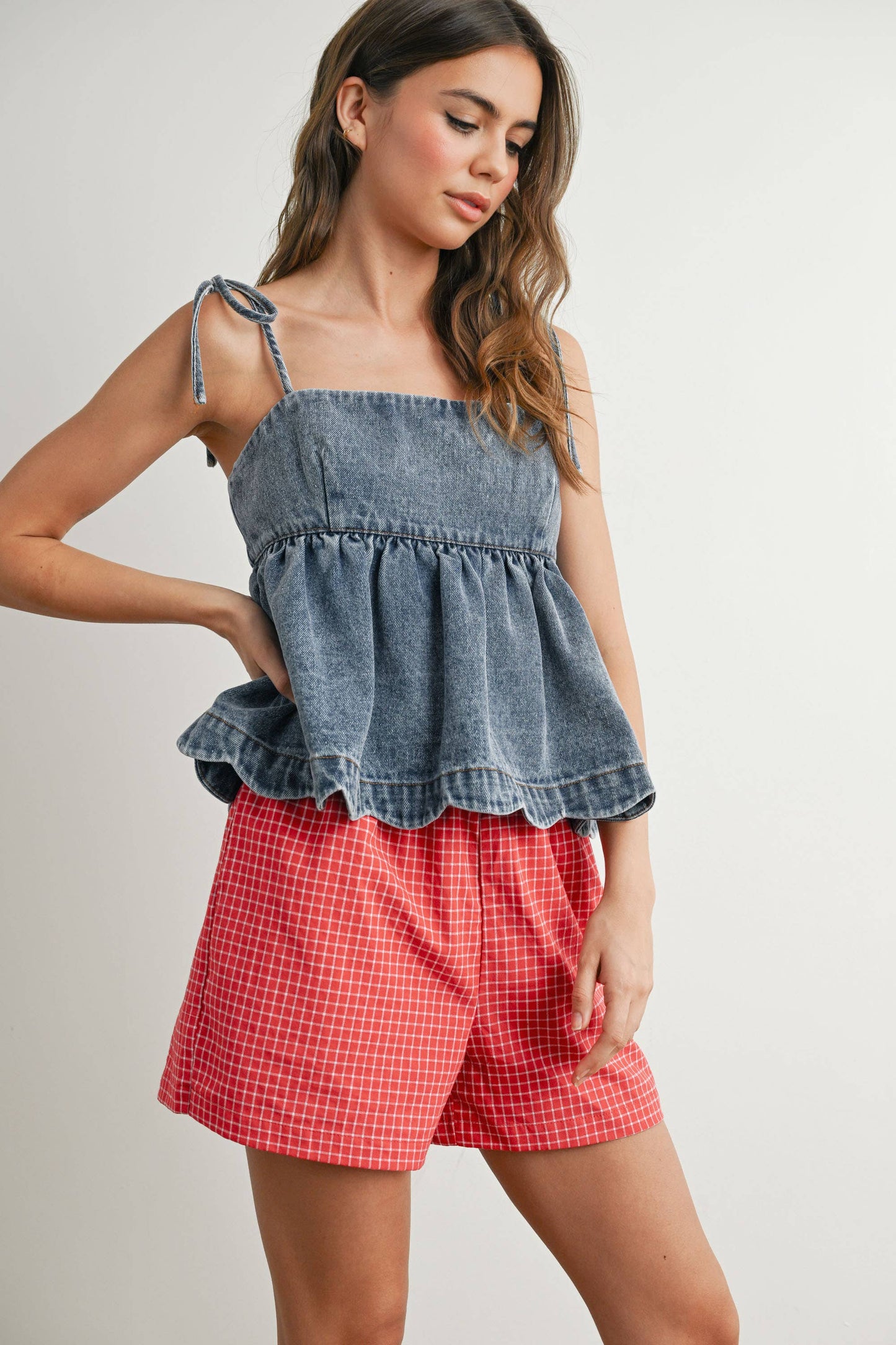 Denim Tie-Strap Peplum Top - BMT7722