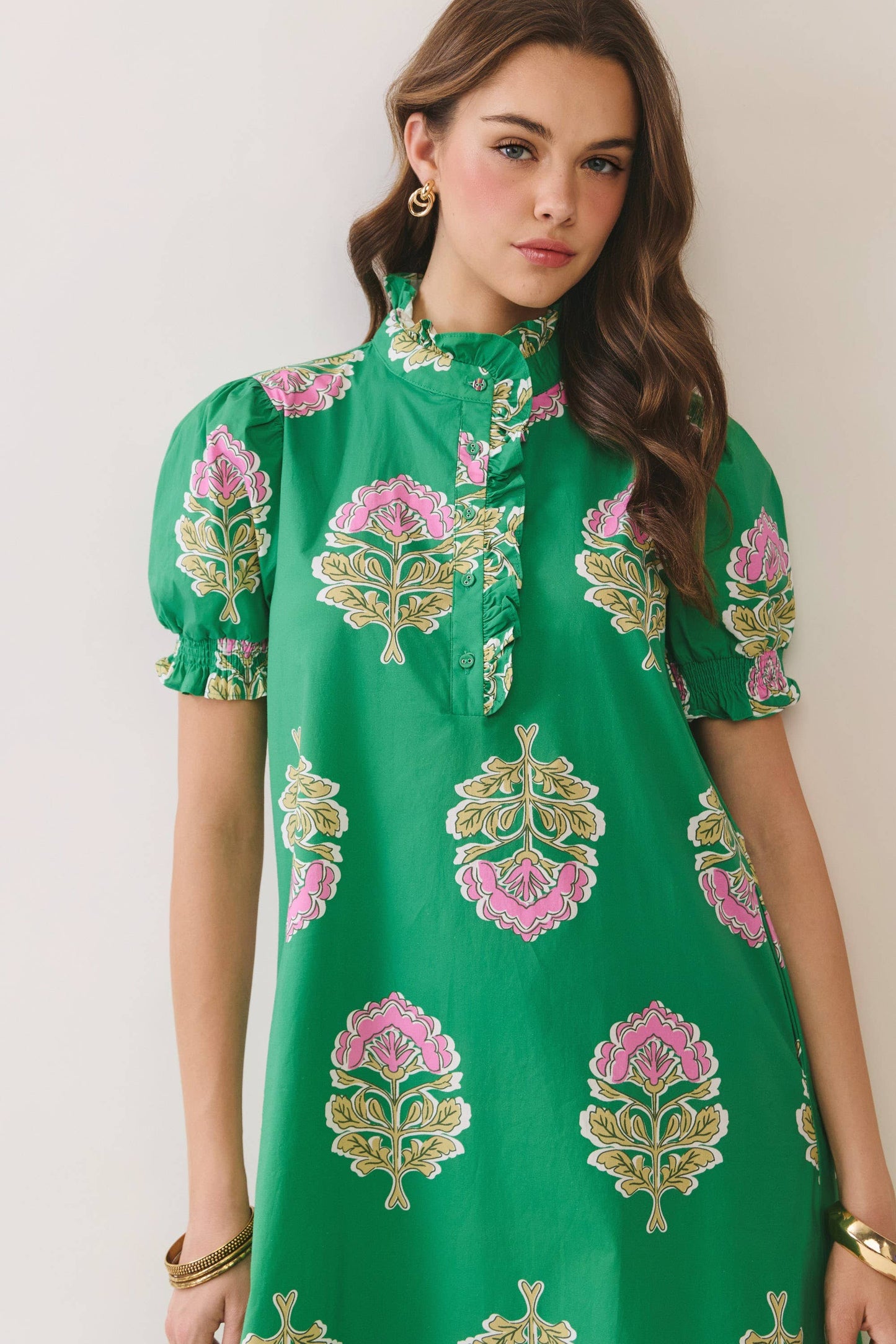 CD06970-Floral Print Ruffle Collar Button Down Midi Dress