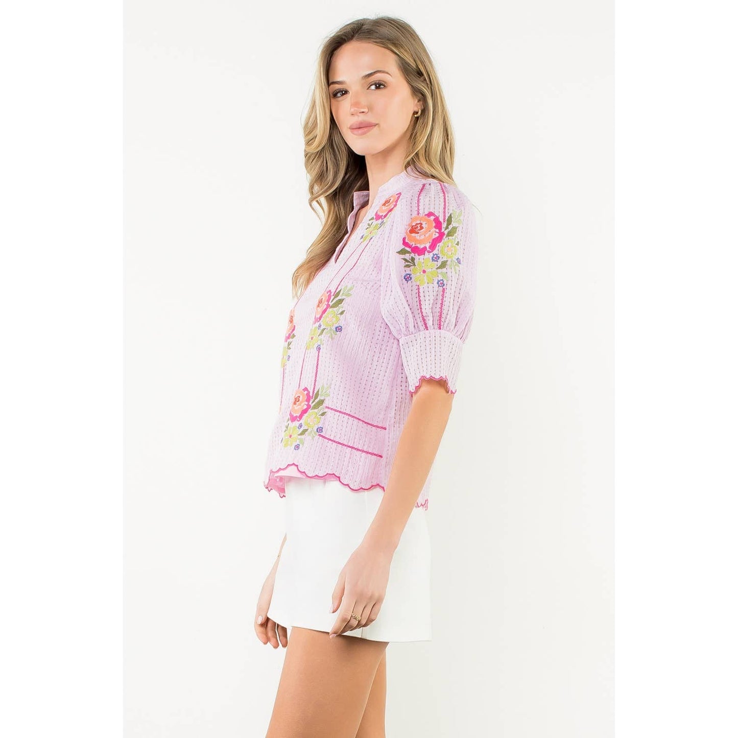 Embroidered Puff Sleeve V-Neck Top