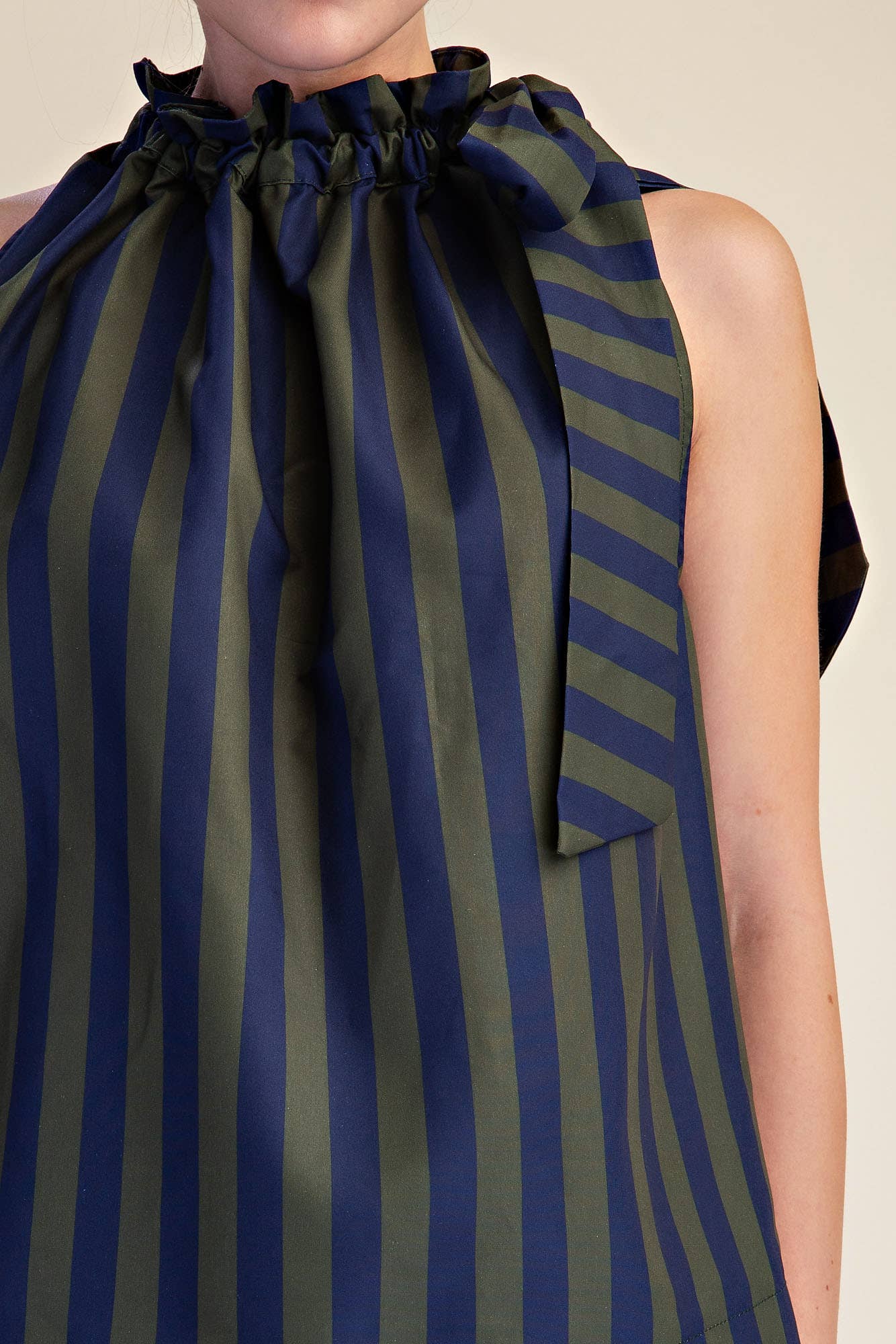 Ruffle Neck Tie Sleeveless Stripe Top