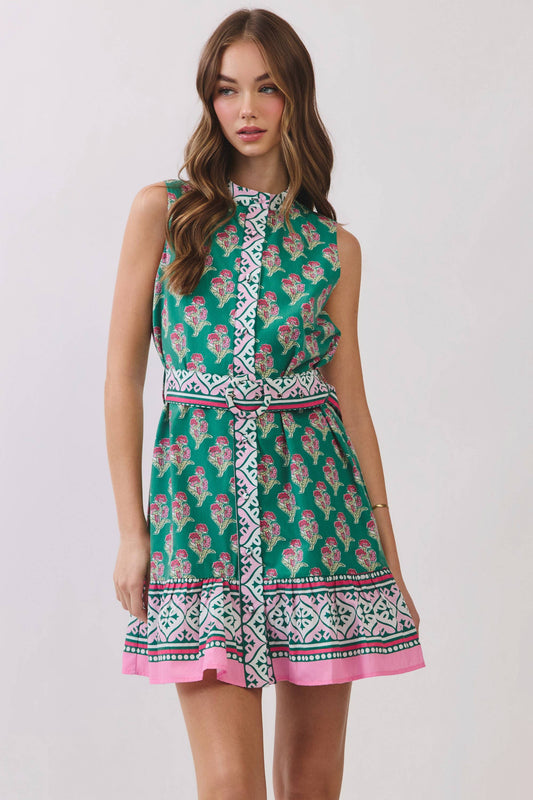 CD07193-Floral Border Print Belted Mini Dress