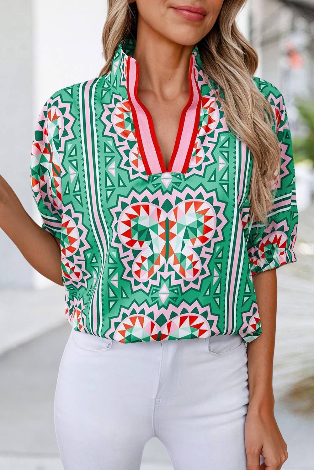 Geometric Butterfly Print Collared Blouse | S-XL