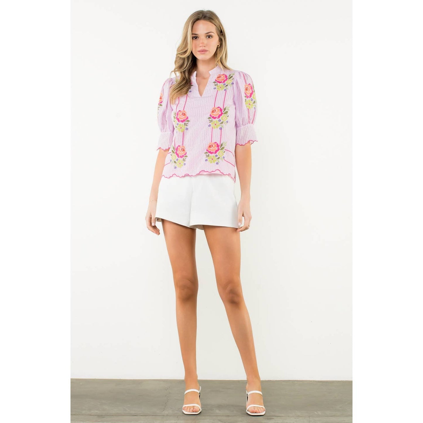 Embroidered Puff Sleeve V-Neck Top