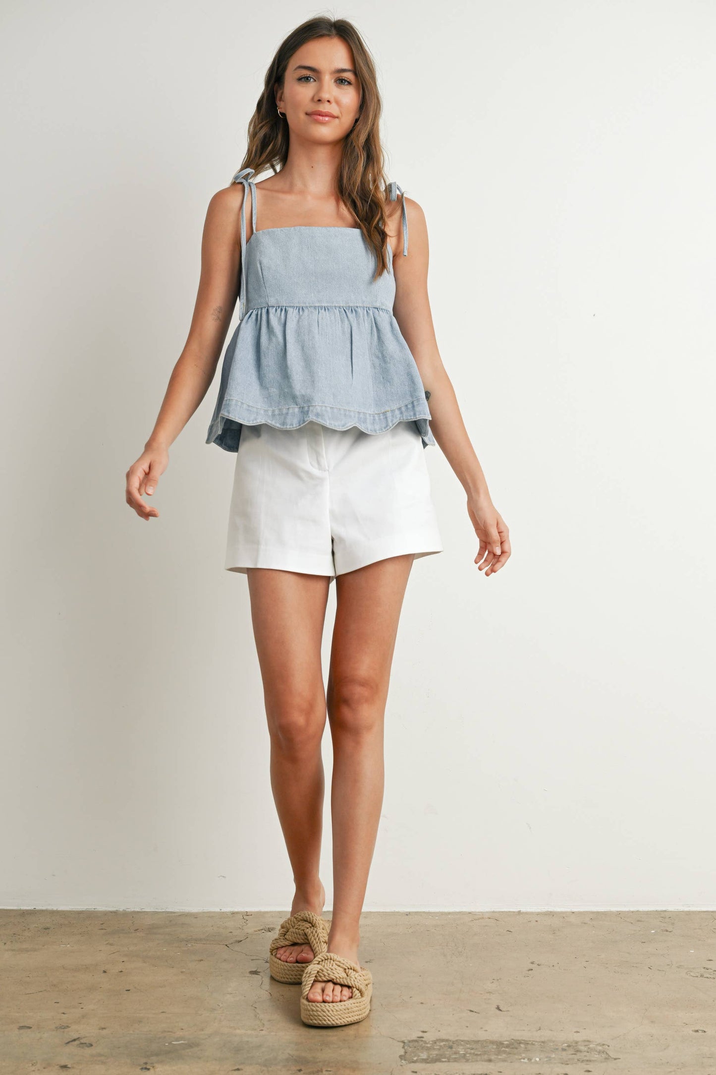 Denim Tie-Strap Peplum Top - BMT7722