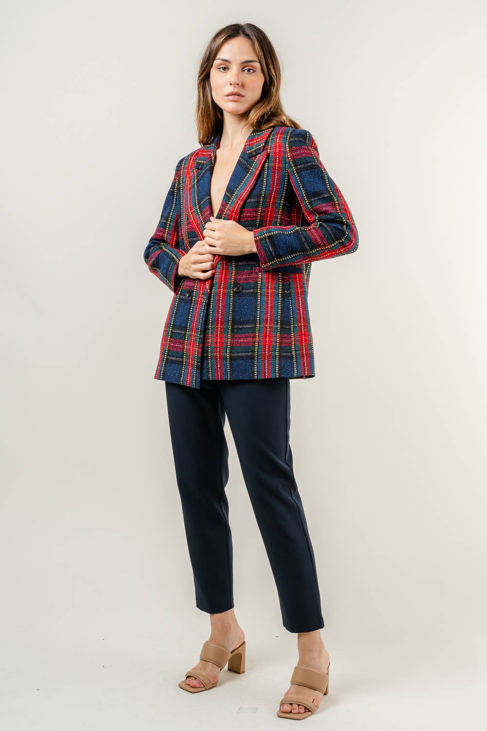 PREPPY HOLIDAY TWEED PADDED SHOULDER PLAID BLAZER-OI5782FO