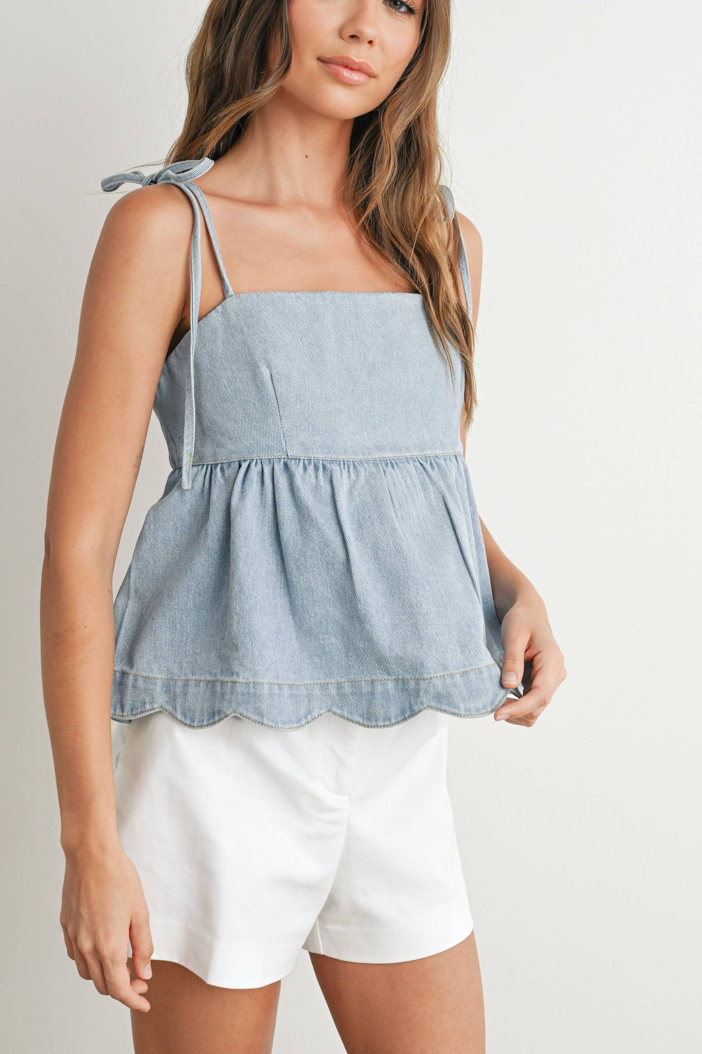 Denim Tie-Strap Peplum Top - BMT7722