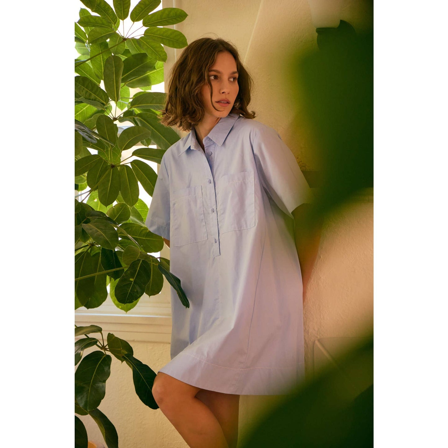 BREATHABLE A-LINE SHIRT DRESS WITH OVERSIZED SLVS